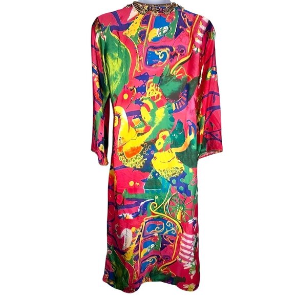 Vintage Hand Beaded Kaftan Dress With Vibrant Abstract Print 3/4 Sleeves Size M - Picture 2 of 14